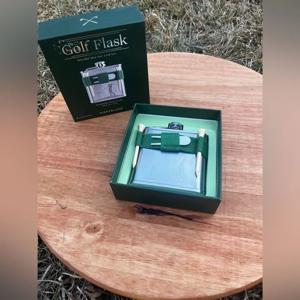 NEW Kikkerland Golf Stainless Steel Flask with Green Holder (Holds 6oz)